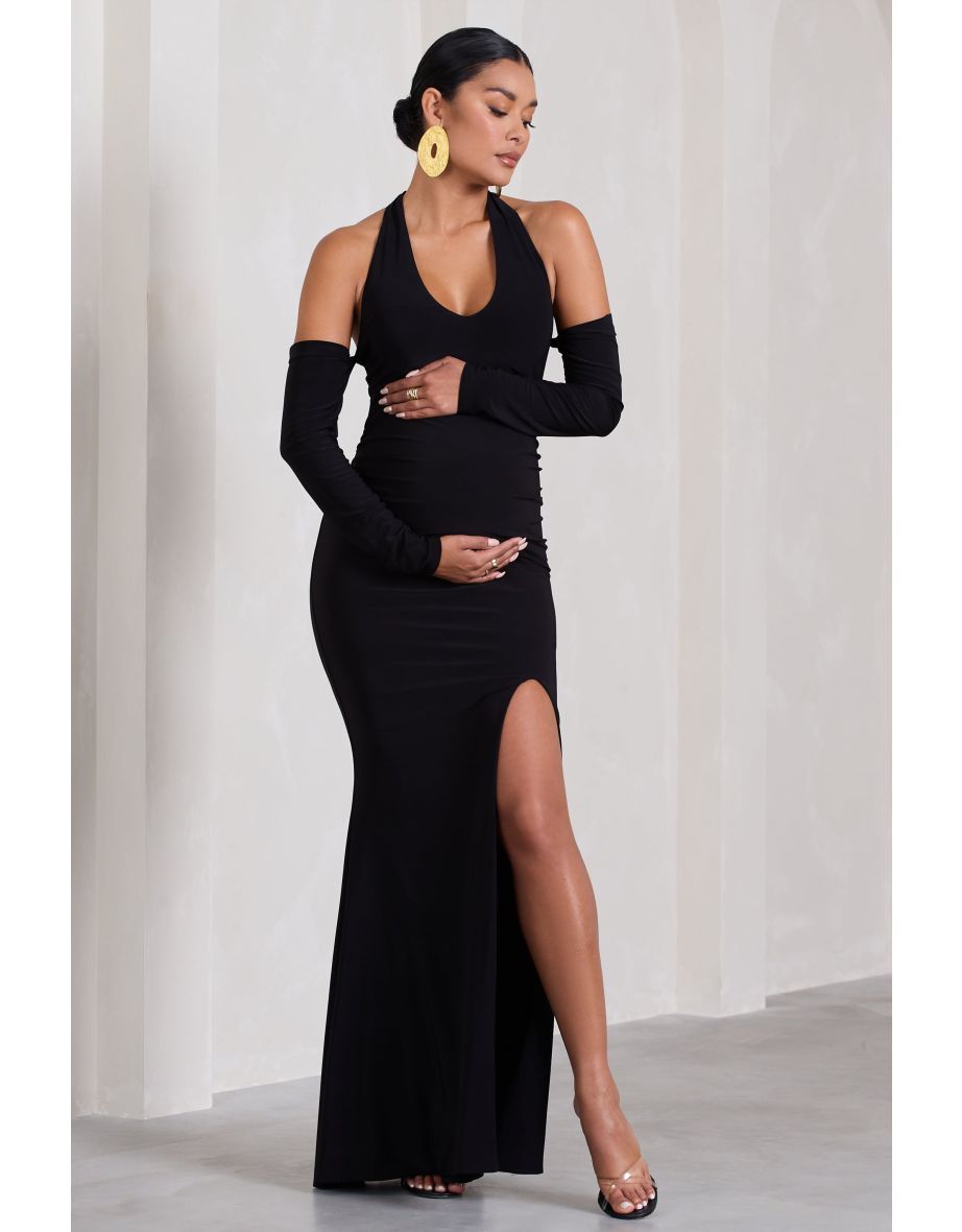 Solana | Black Halter-Neck Long-Sleeve Split Maternity Maxi Dress - 4