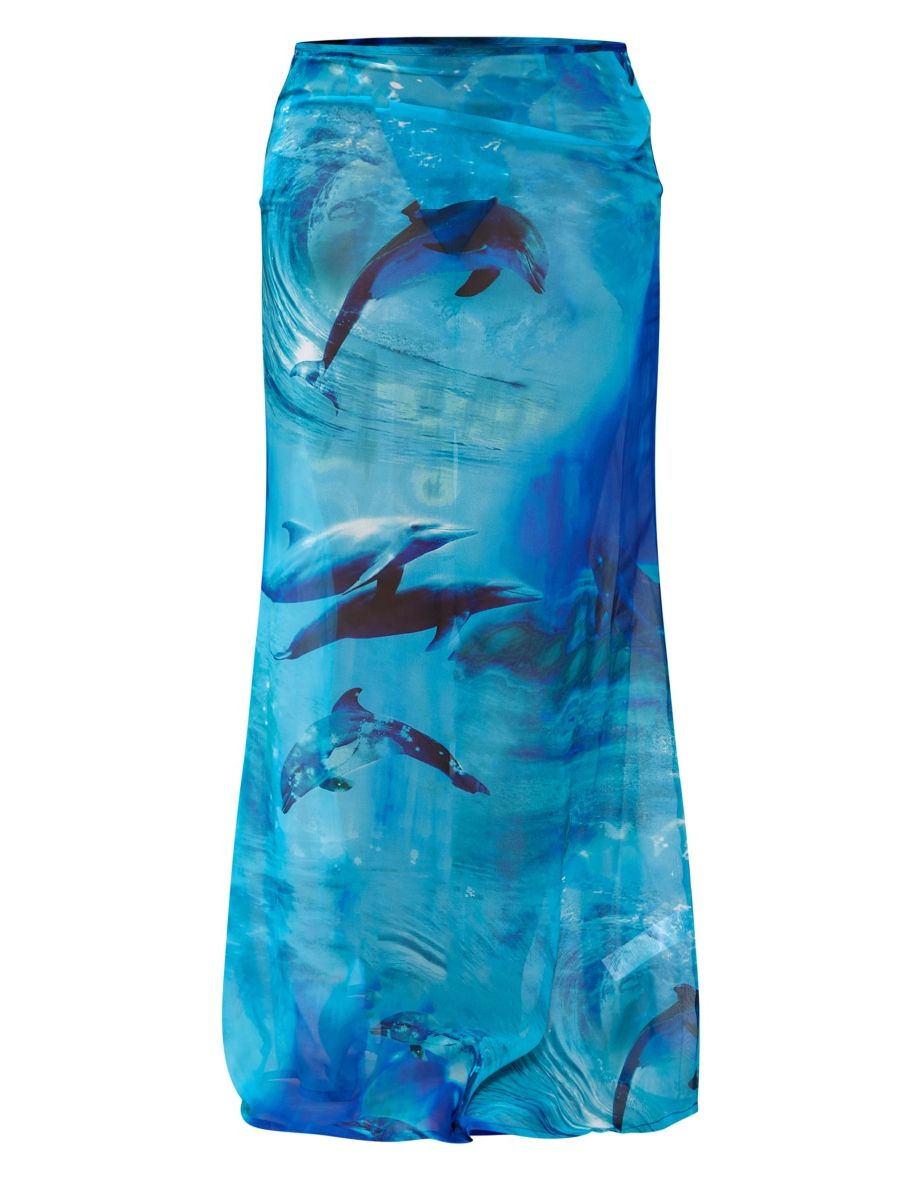 Blue Dolphin Print Mesh Fishtail Maxi Skirt - 4