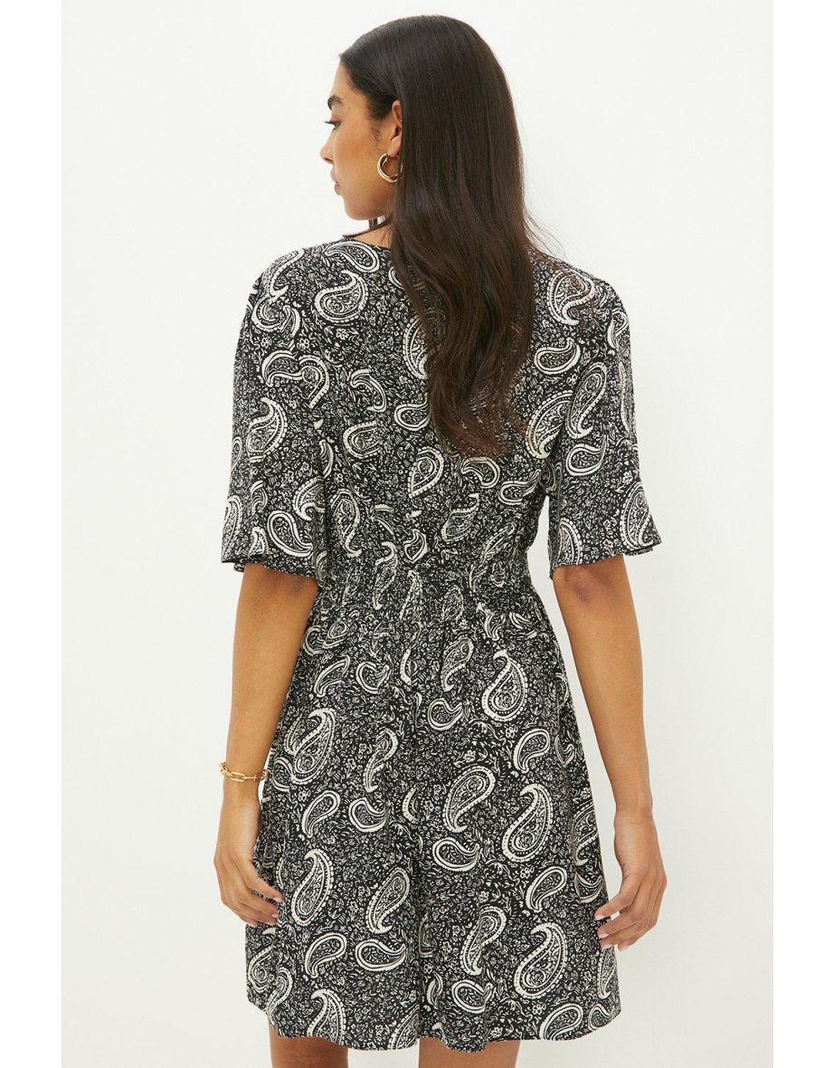 Mono Paisley Print Shirred Waist Mini Dress - 2