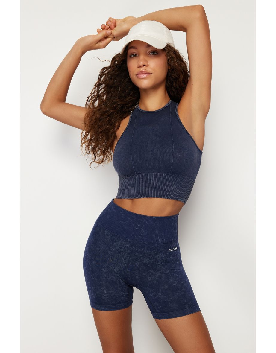 Navy Blue Seamless Crop Acid Washed Halter Neck Sports Blouse - 7