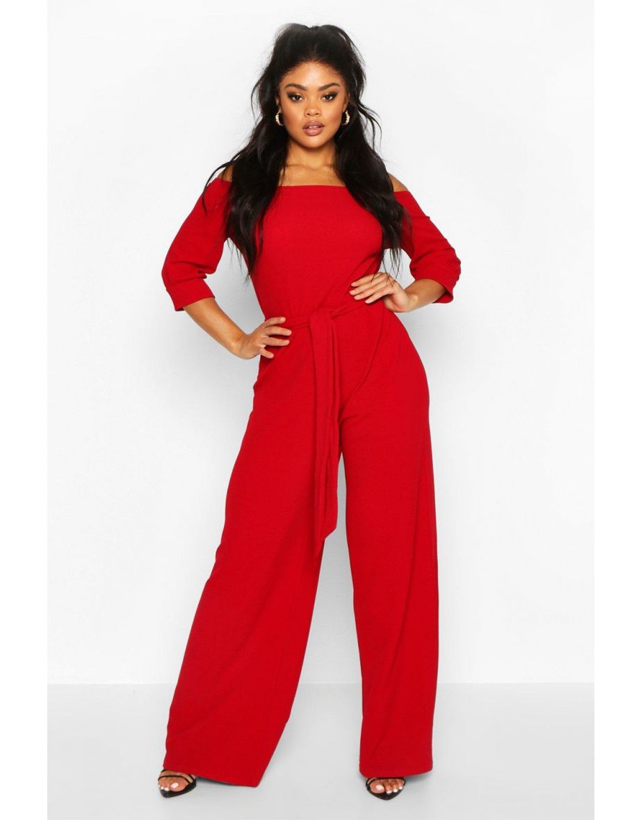 Plus Off Shoulder Tailored Self Belt Jumpsuit - red - 3