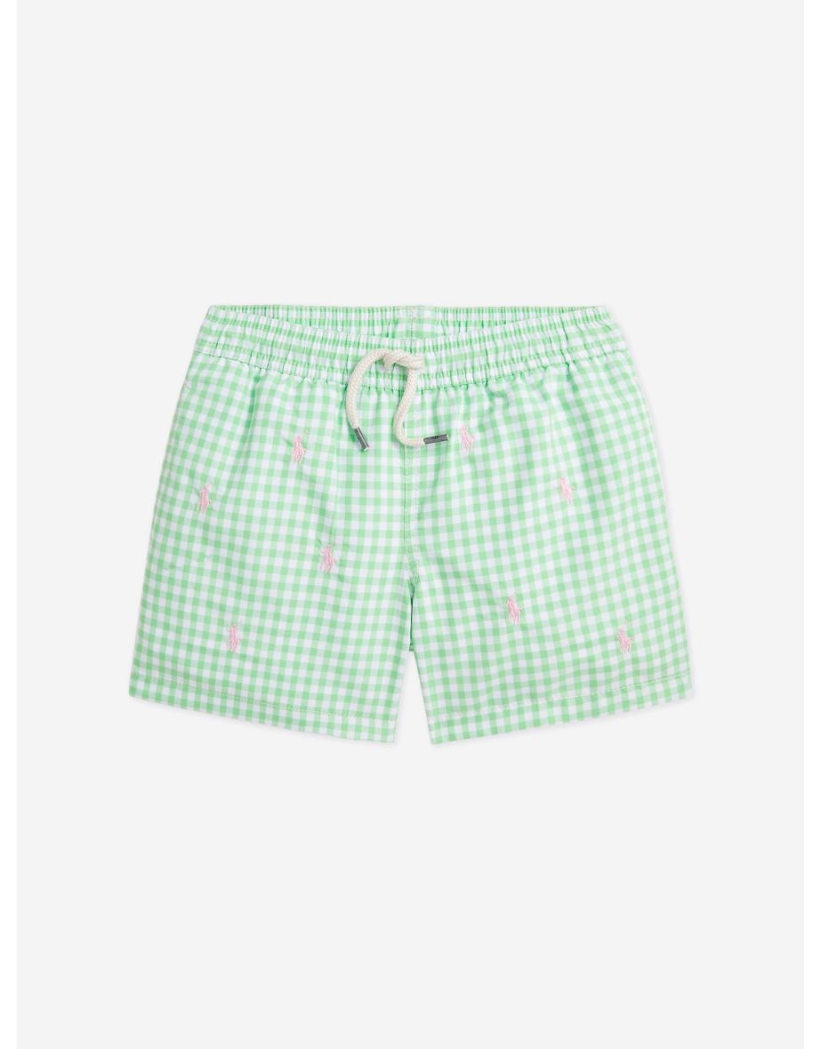 Boys Gingham Logo Swim Shorts in Green