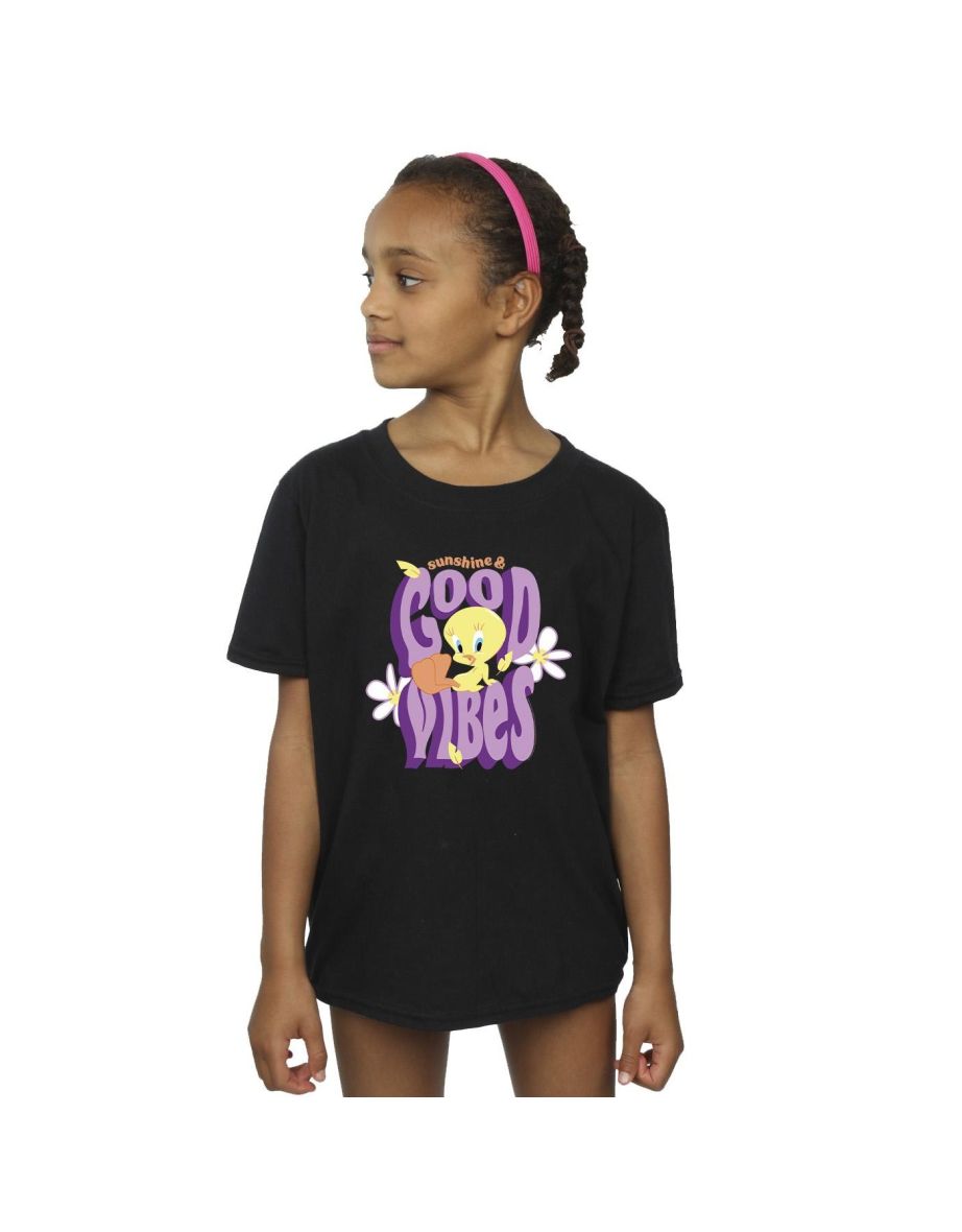 Looney Tunes Girls Tweeday Sunshine & Good Vibes Cotton T-Shirt - Black