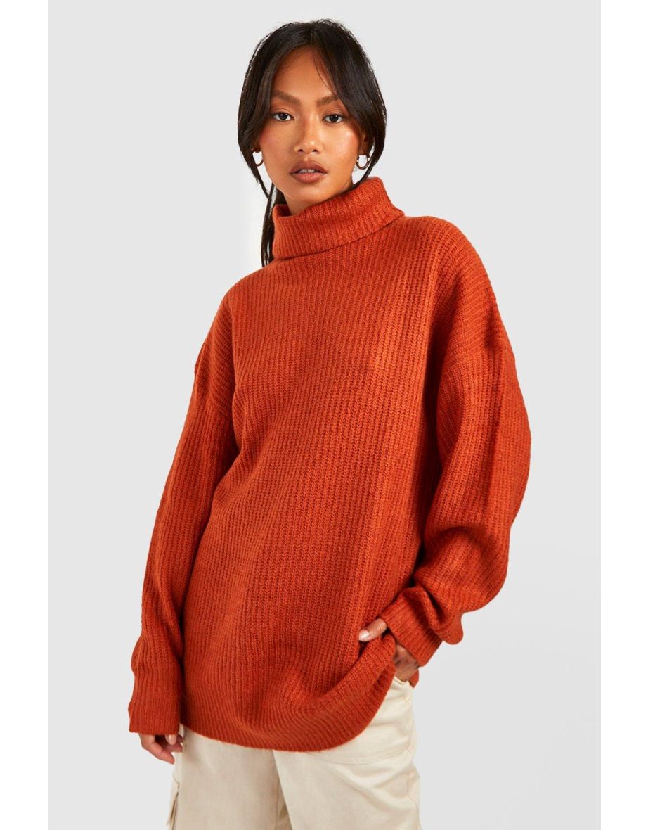 Roll Neck Oversized Knitted Jumper - chestnut