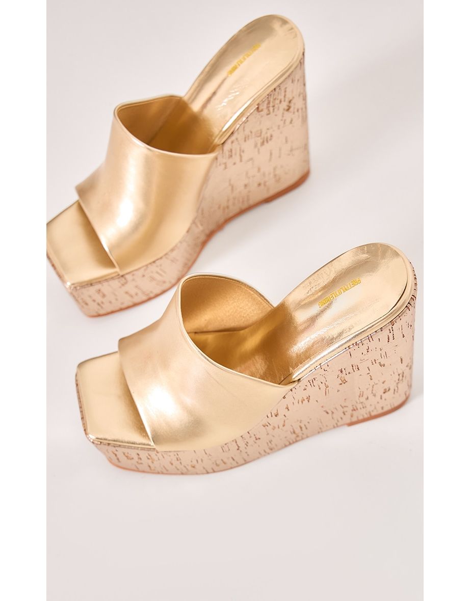 Gold Wide Fit  Heeled Wedge Mule Sandals - 3