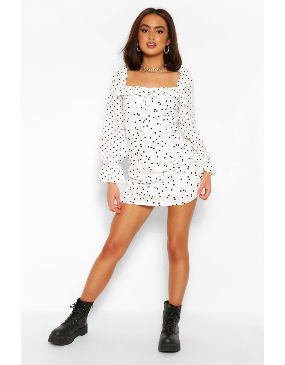 Polka Dot Square Neck Shift Dress - white - 3