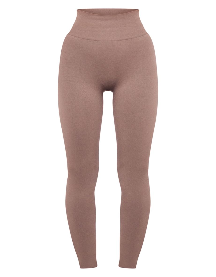 Taupe Basic Seamless High Waist Detail Gym Leggings - 4