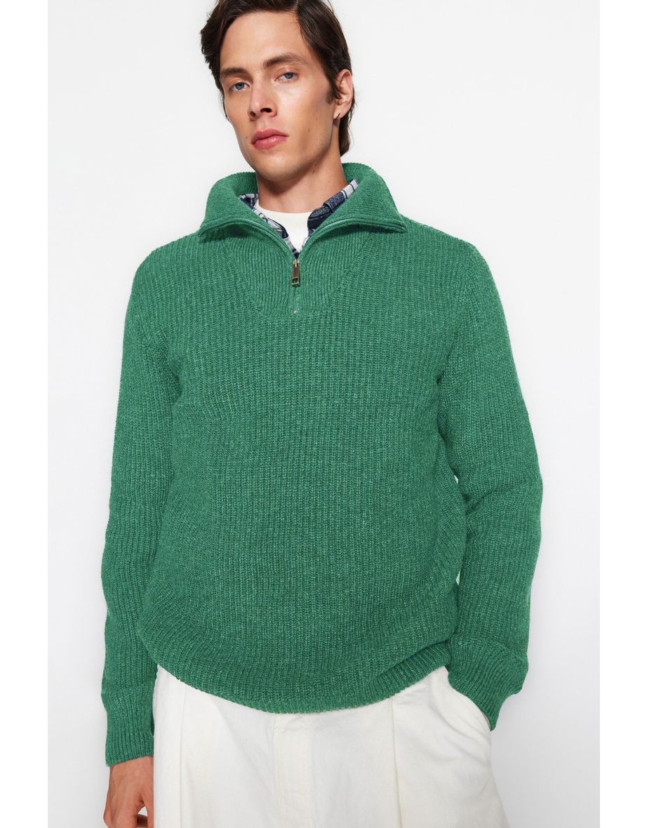 Mint Regular Fit Zippered Turtleneck Knitwear Sweater