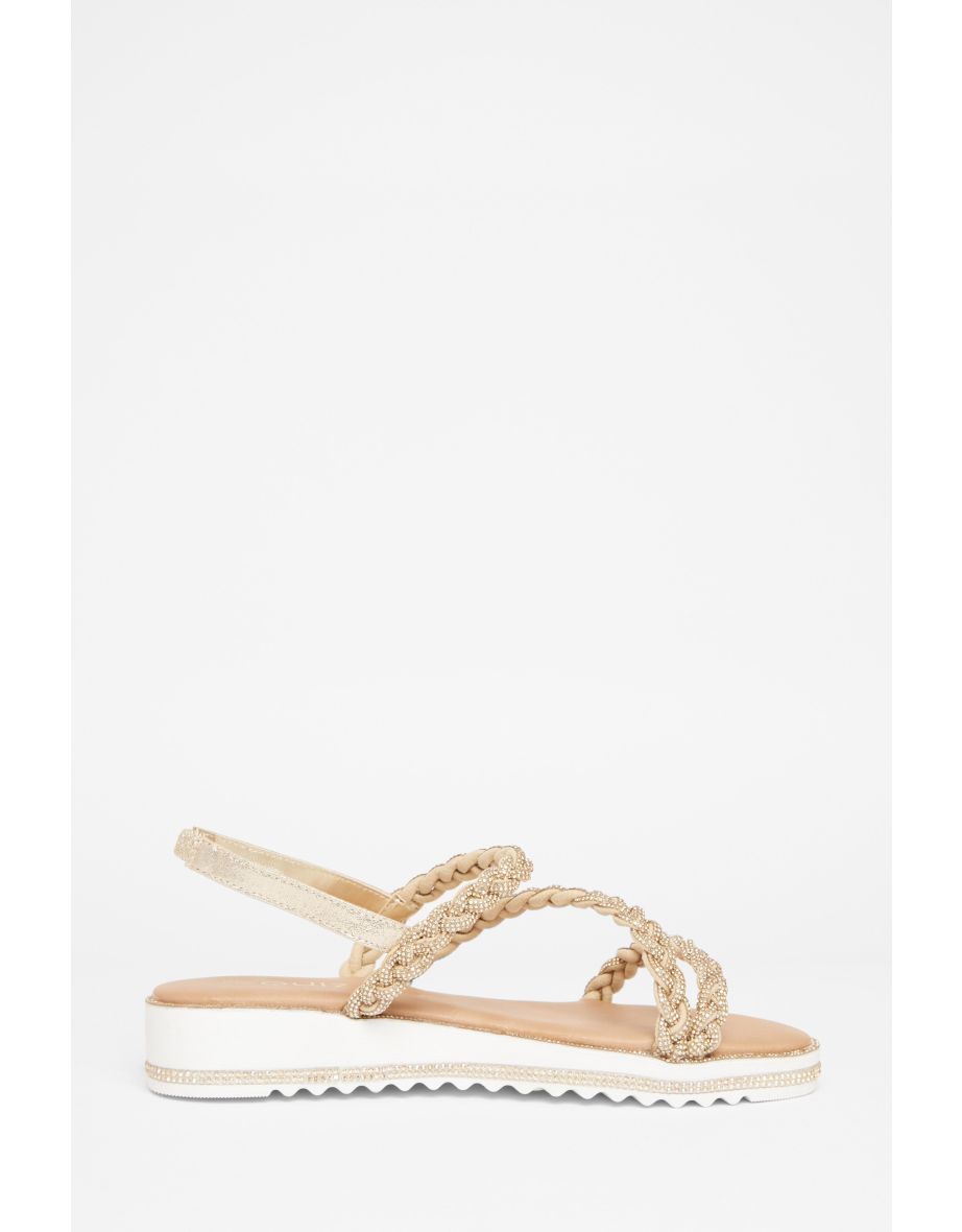 Wide Fit Gold Diamante Flat Sandals - 4