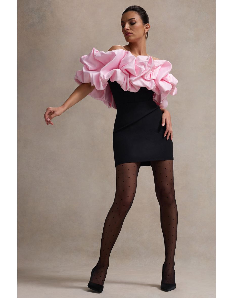 Macaron | Black Bardot Mini Dress With Pink Ruffle Trim - 7