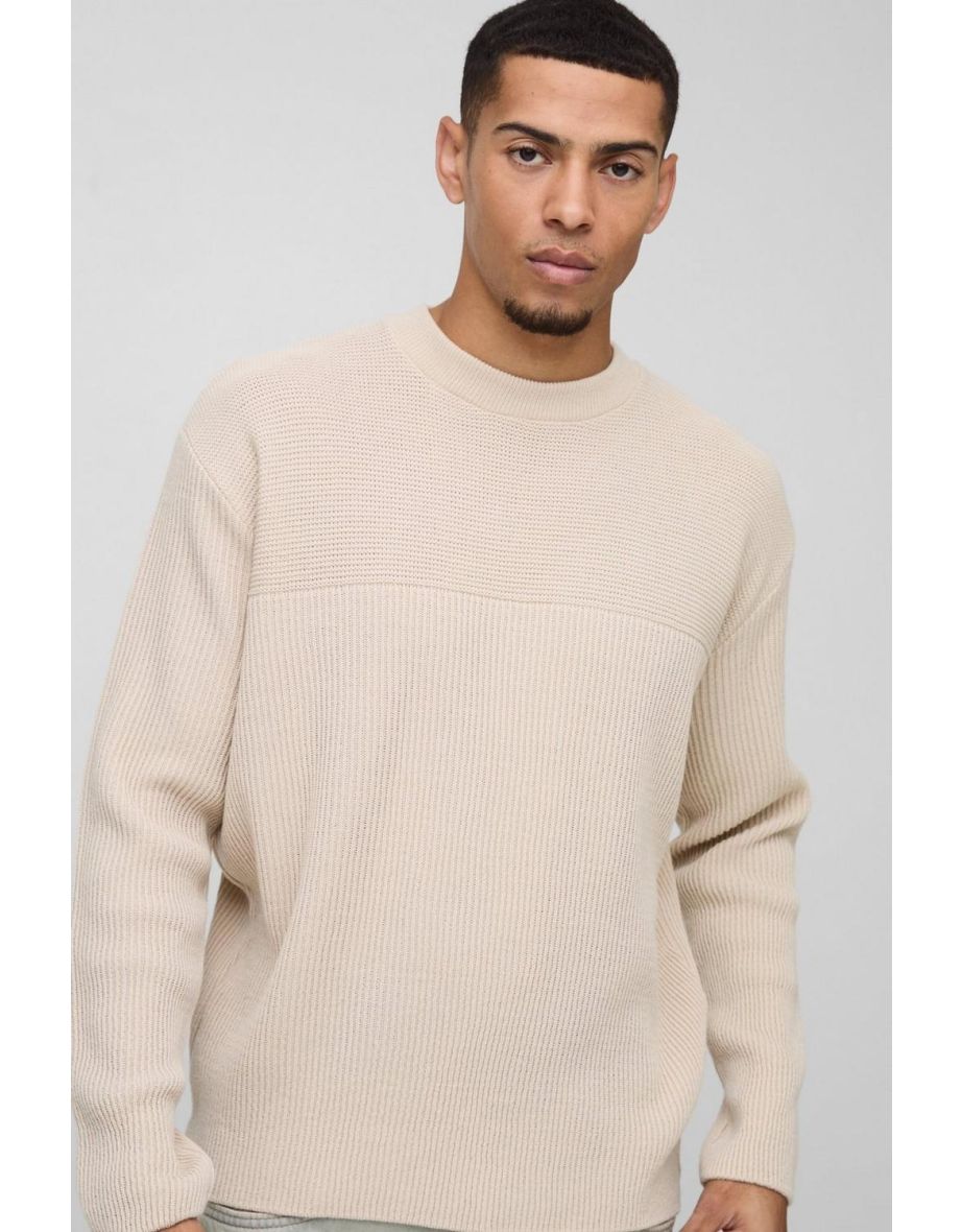 Relaxed Fit Extended Neck Ribbed Knit Panel Jumper - stone