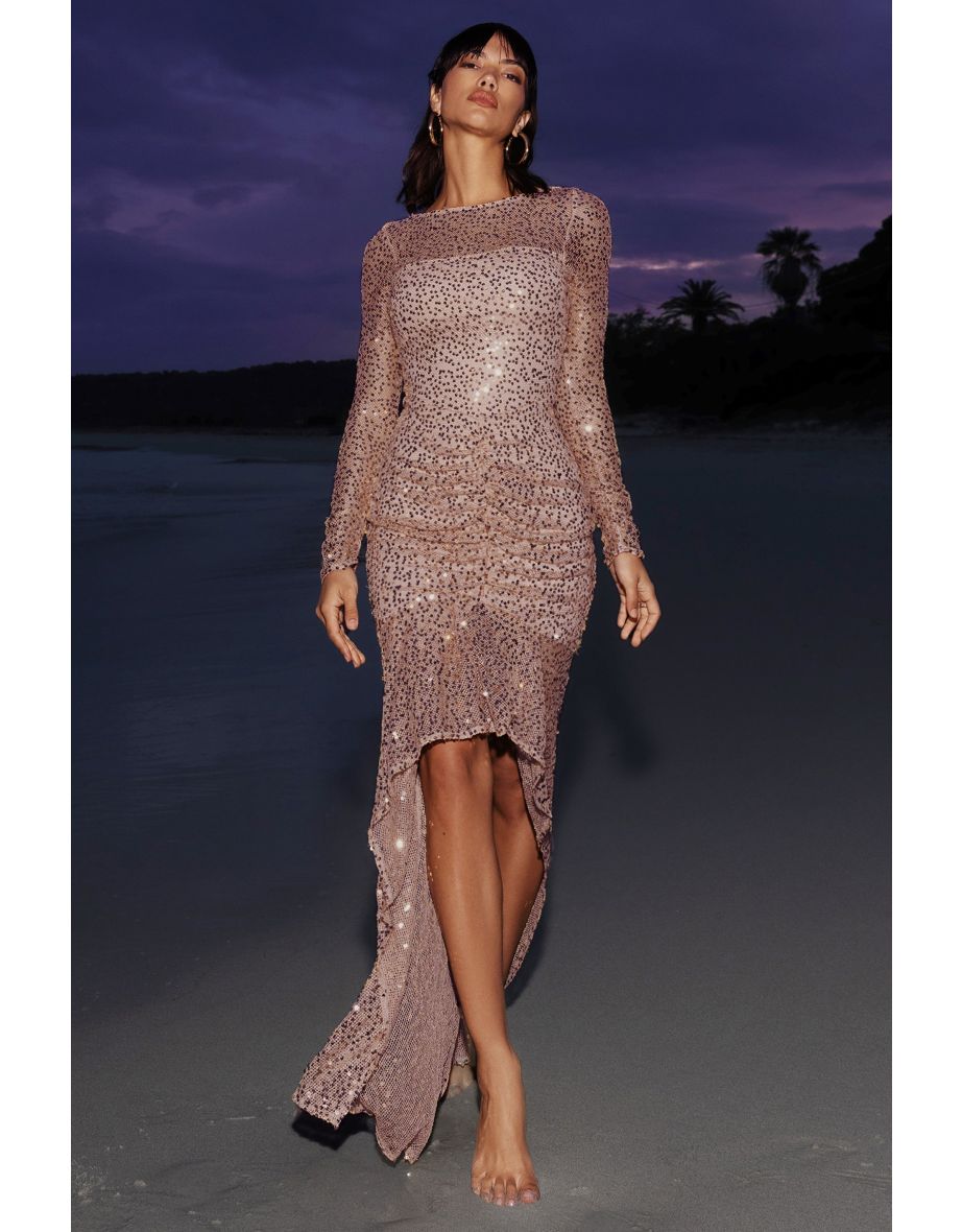 Stargirl | Gold Sequin Sheer Ruched High-Low Maxi Dress - 7