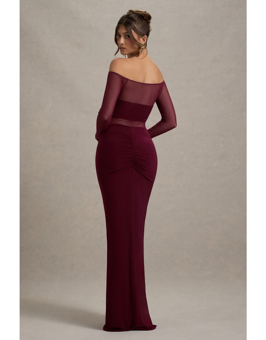 Cover Star | Burgundy Mesh Bardot Long-Sleeve Draped Dress - 5