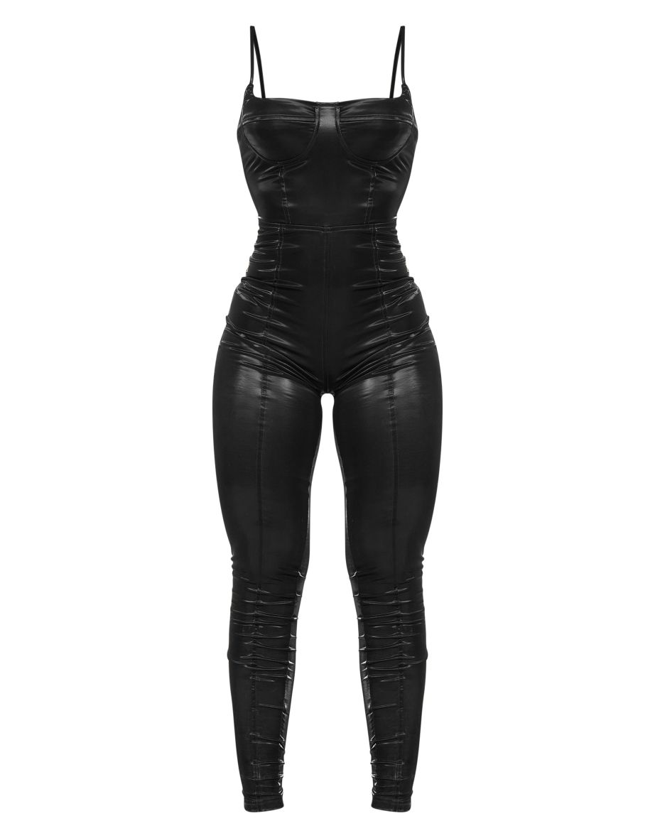 Black Matte Vinyl Underwired Strappy Jumpsuit - 4