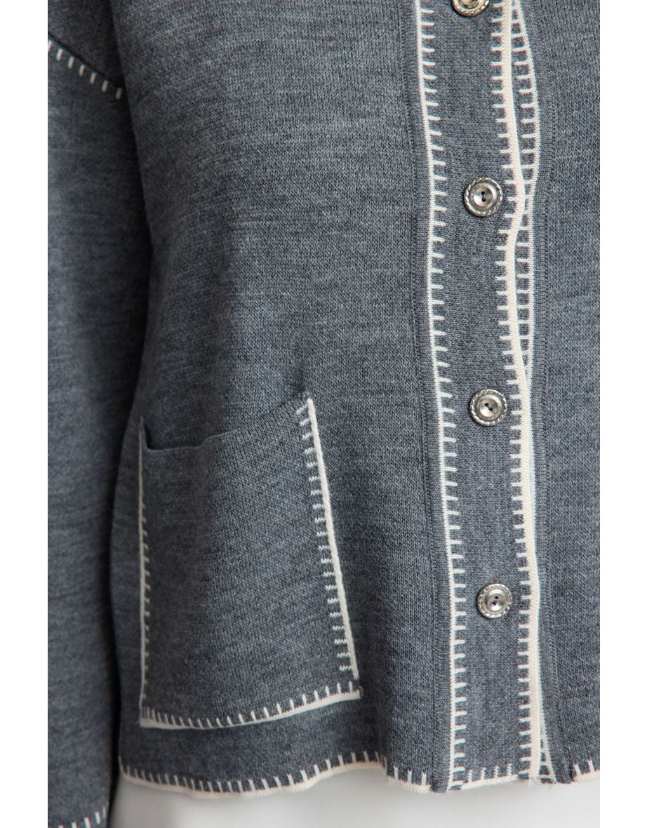 Anthracite Color Block Polo Neck Knitted Cardigan - 4