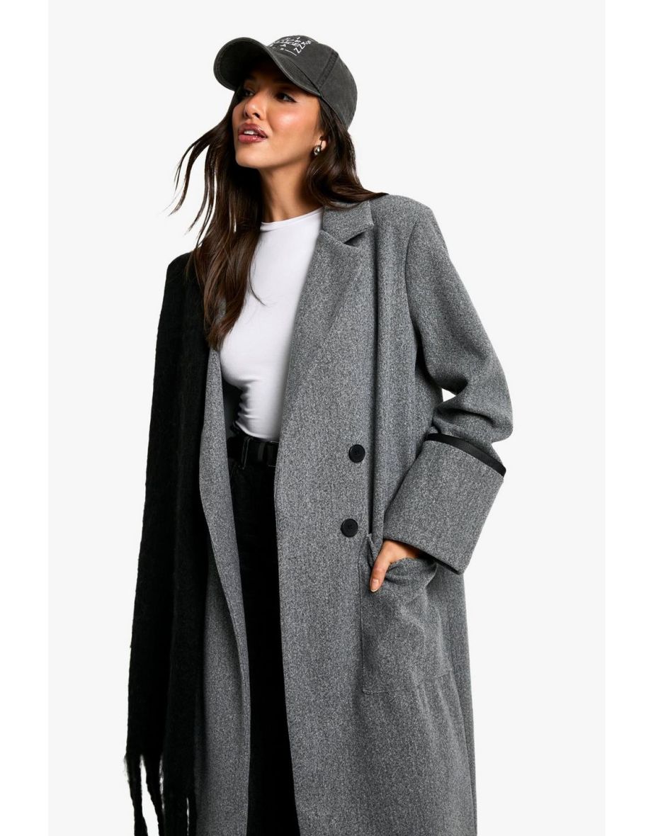 Oversized  Faux Leather Trim Wool Look Coat - 3