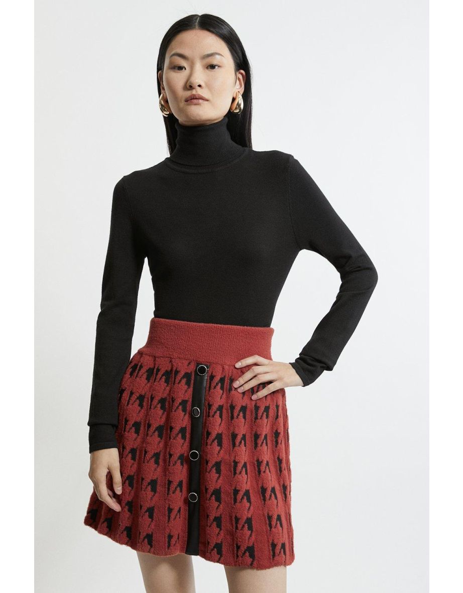 Boucle Knit Dogtooth Jacquard Pu Trim Skater Skirt