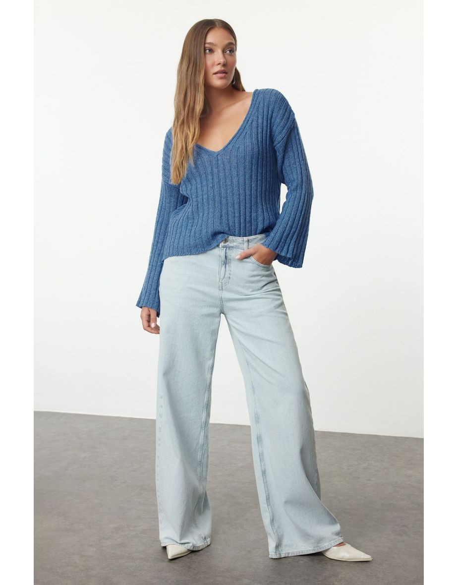Dark Blue Wool Wide Fit Crop Basic Knitwear Sweater