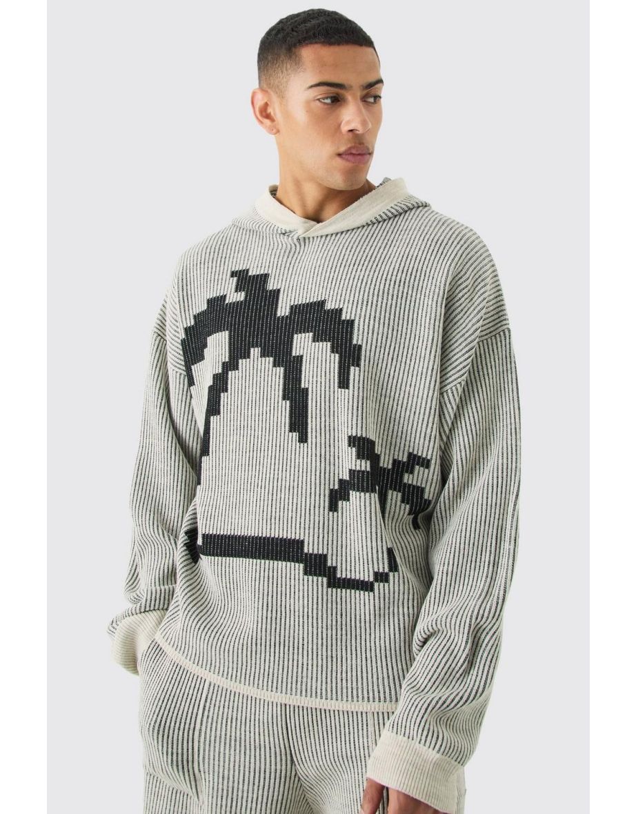 Oversized Boxy Palm Ribbed Knitted Hoodie - stone - 2