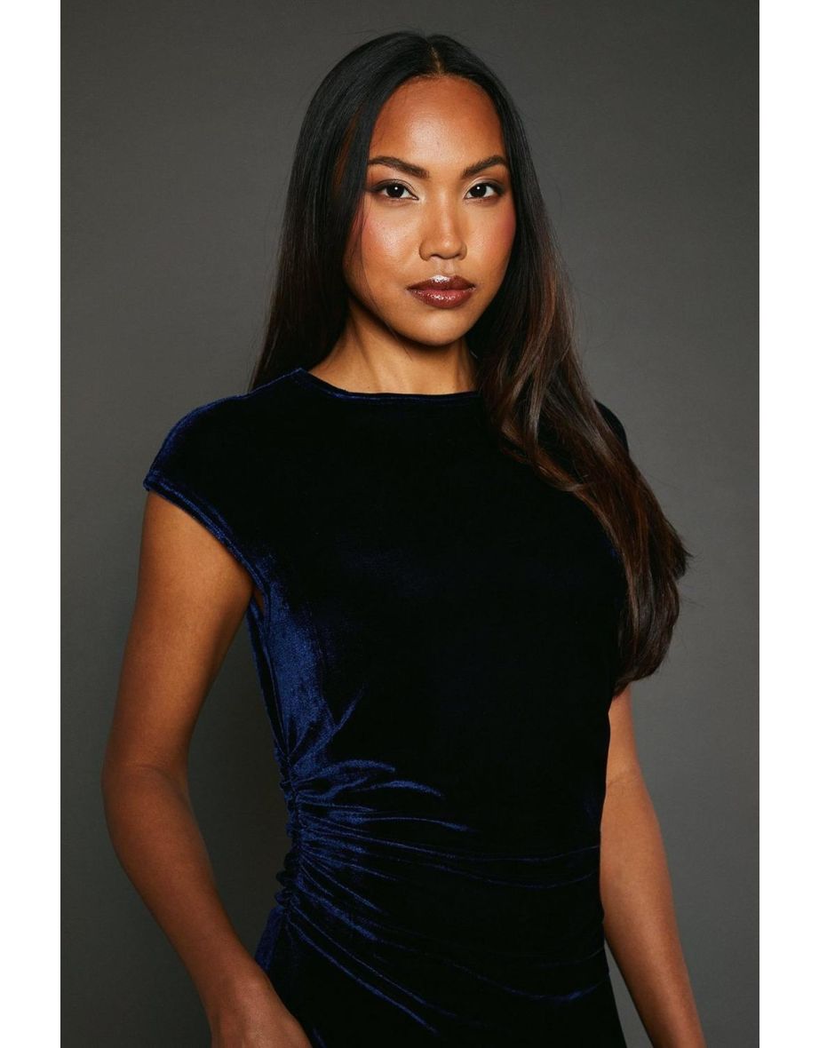 Velvet Ruched Waist Midaxi Dress - indigo - 3