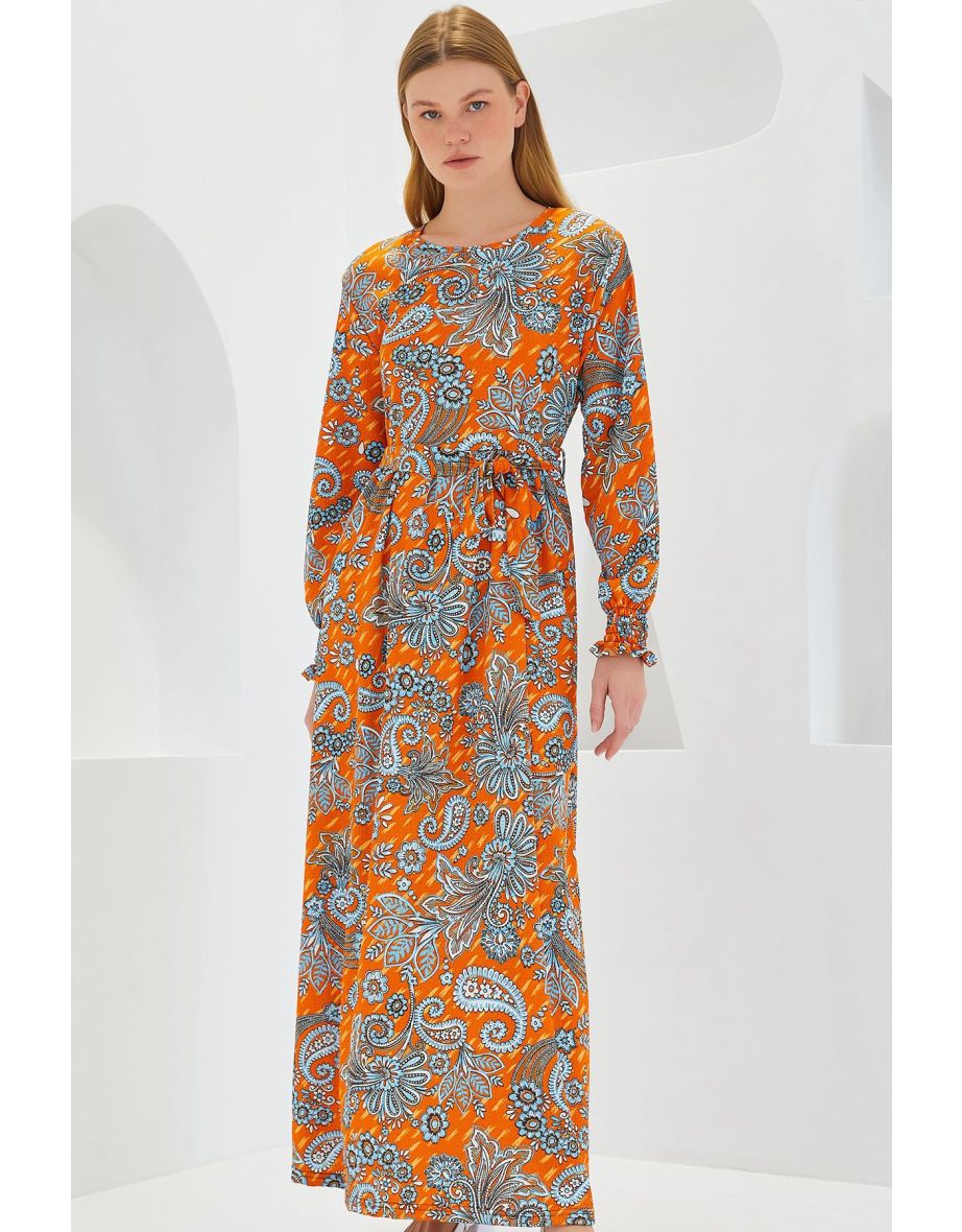 Women's Orange Floral Patterned Knitted Hijab Dress