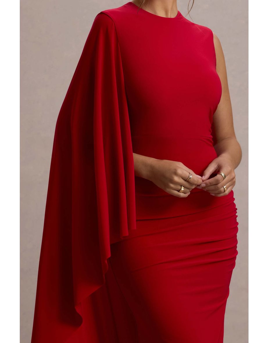 Yuna | Red Draped Maxi Dress With Cape - 5