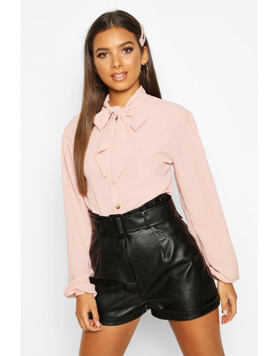 Bow Button Through Volume Sleeve Blouse - blush