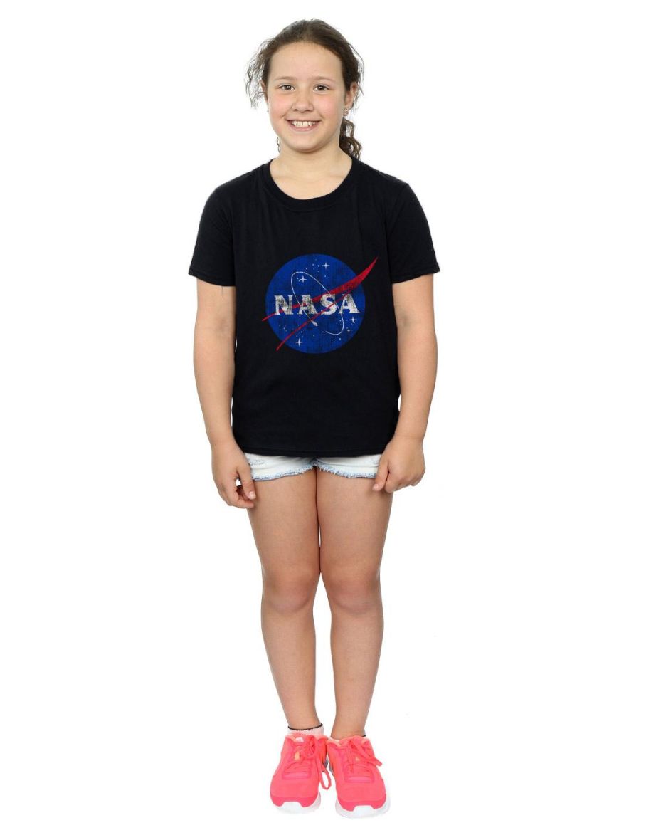 NASA Girls Classic Insignia Logo Distressed Cotton T-Shirt - Black - 3