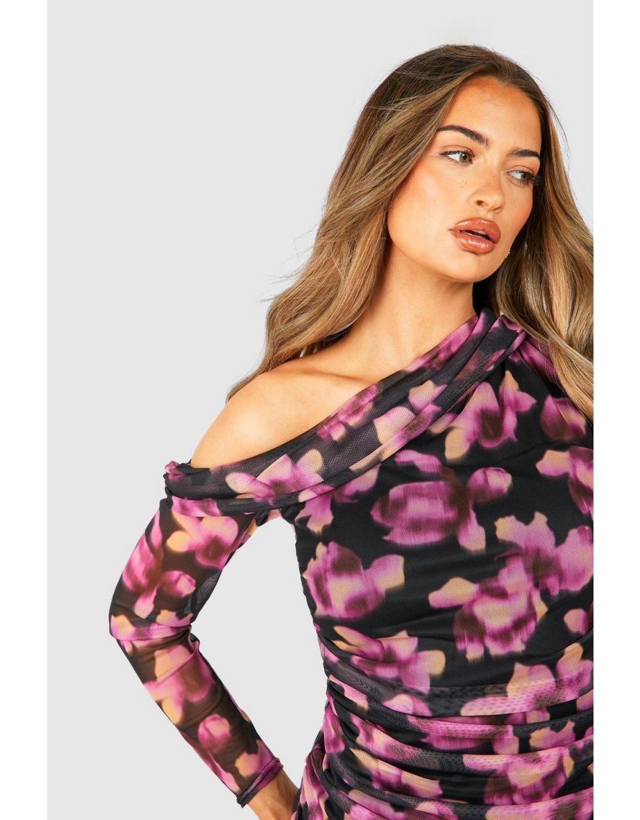 One Shoulder Floral Ruched Mesh Long Sleeve Dress - black - 3