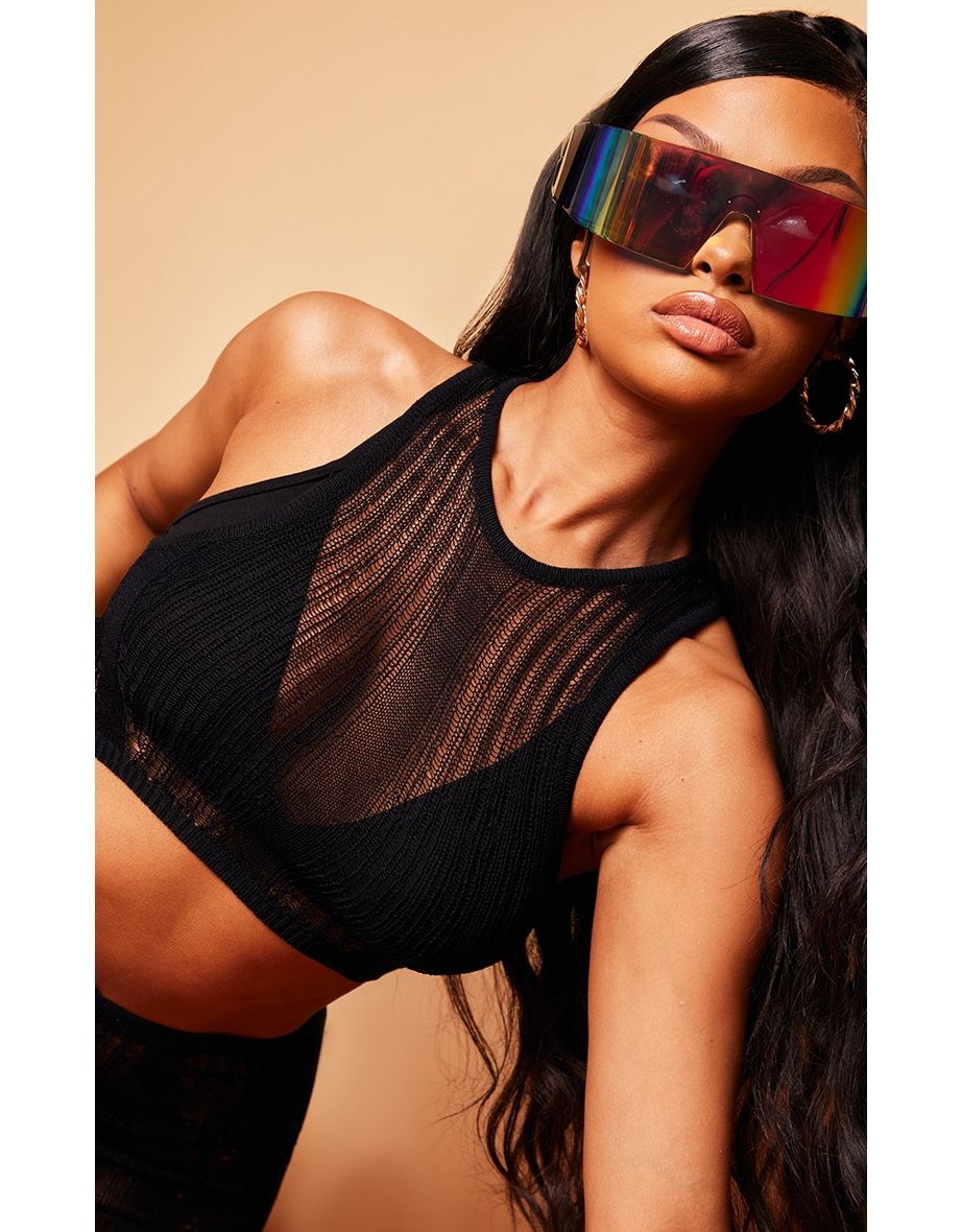 Black Sheer Knit Racer Neck Top - 2