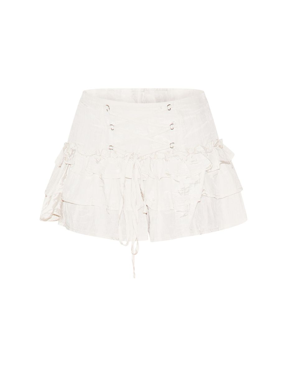 Ivory Lace Up Front Frilly Mini Skirt - 5