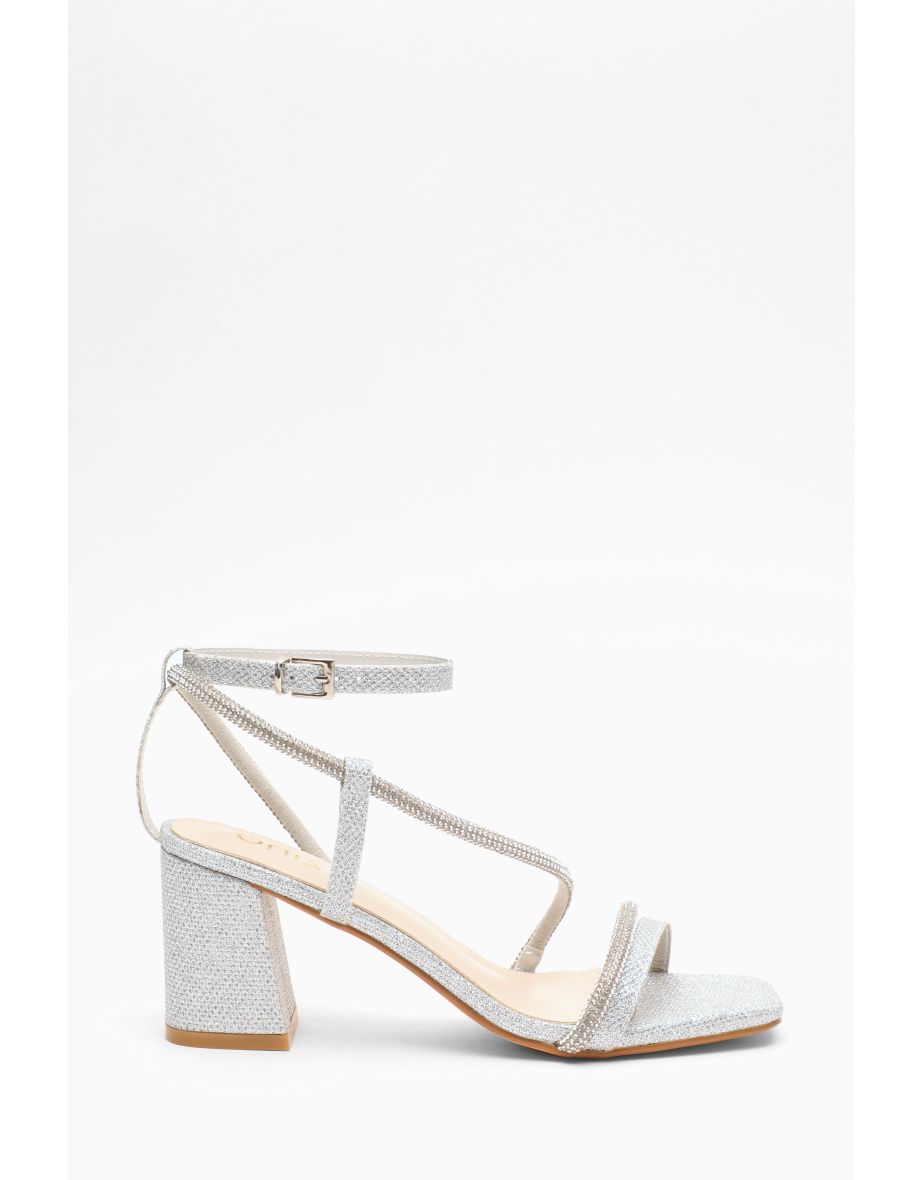 Silver Diamante Block Heeled Sandals
