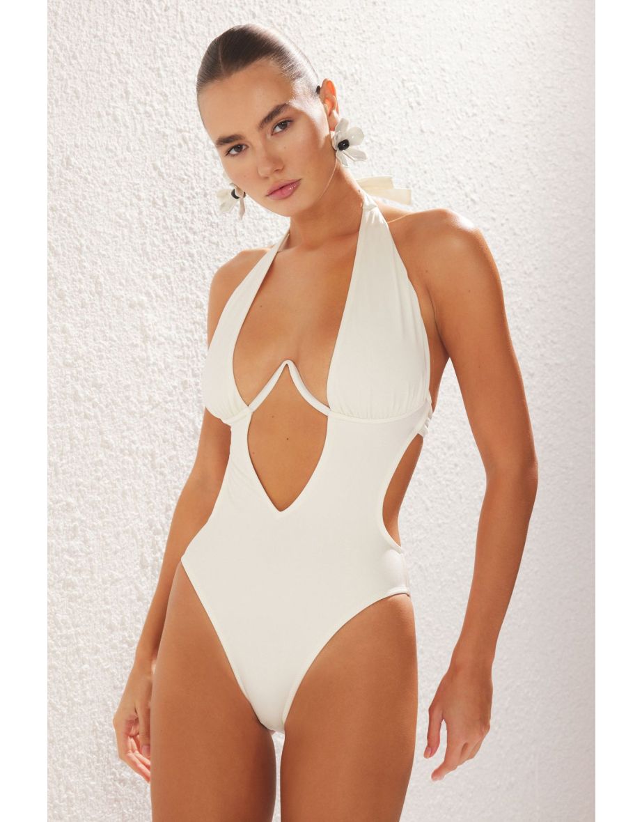 Ecru Balconette Inverted V Underwire High Leg Brazilian Swimsuit