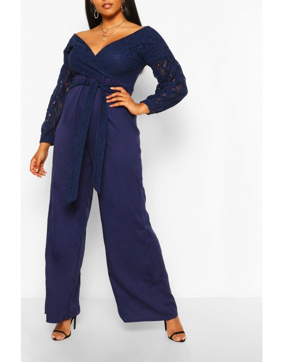 Plus Lace Off The Shoulder Wide Leg Jumpsuit - navy