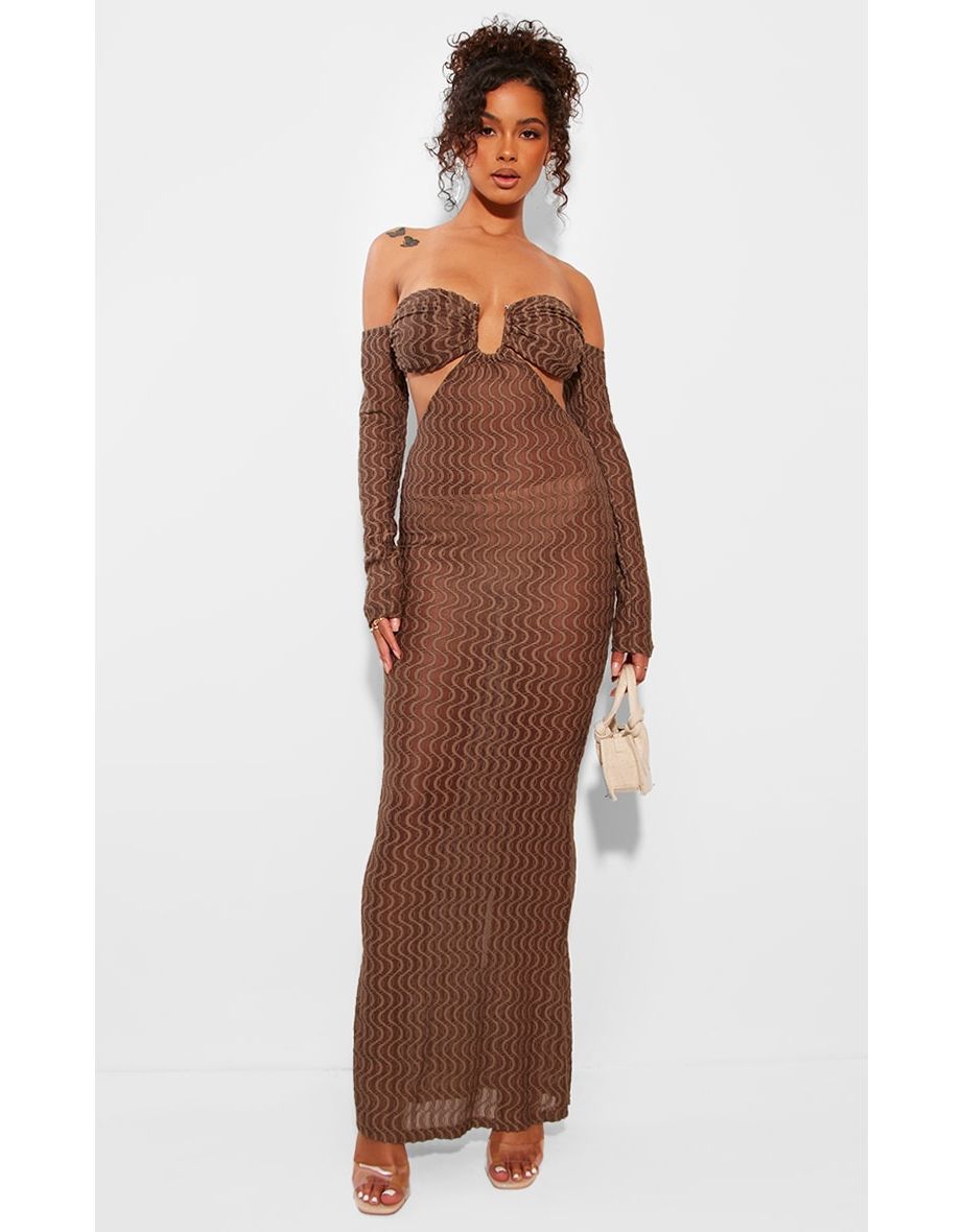 Chocolate Brown Ribbed Bardot Long Sleeve Cut Out Maxi Dress