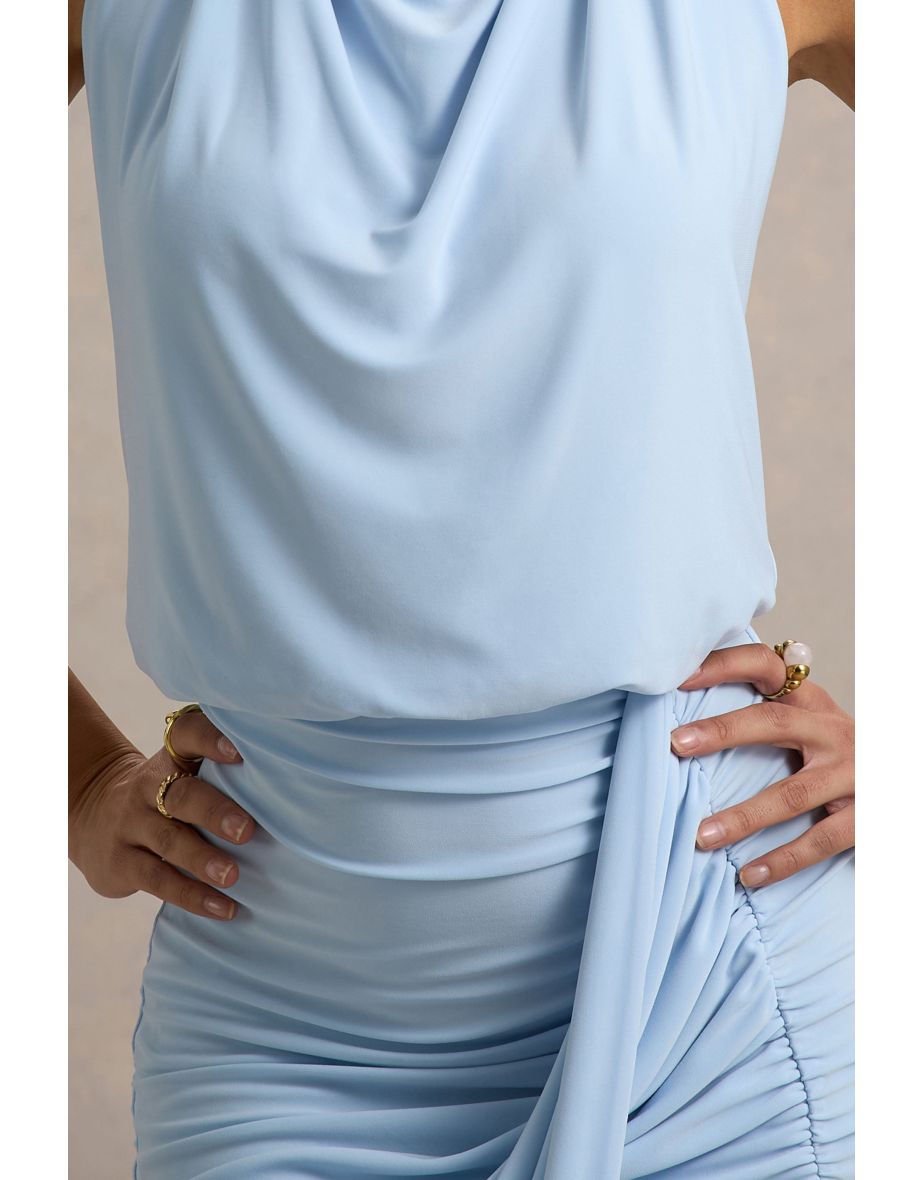 Hayden | Blue High-Neck Draped Split Maxi Dress - 5