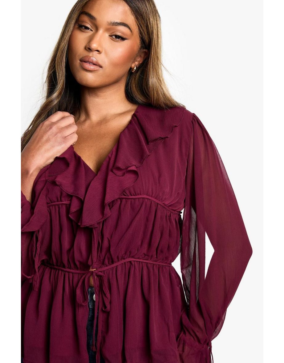 Plus Ruffle Tiered Tie Sleeve Smock Top - plum - 3