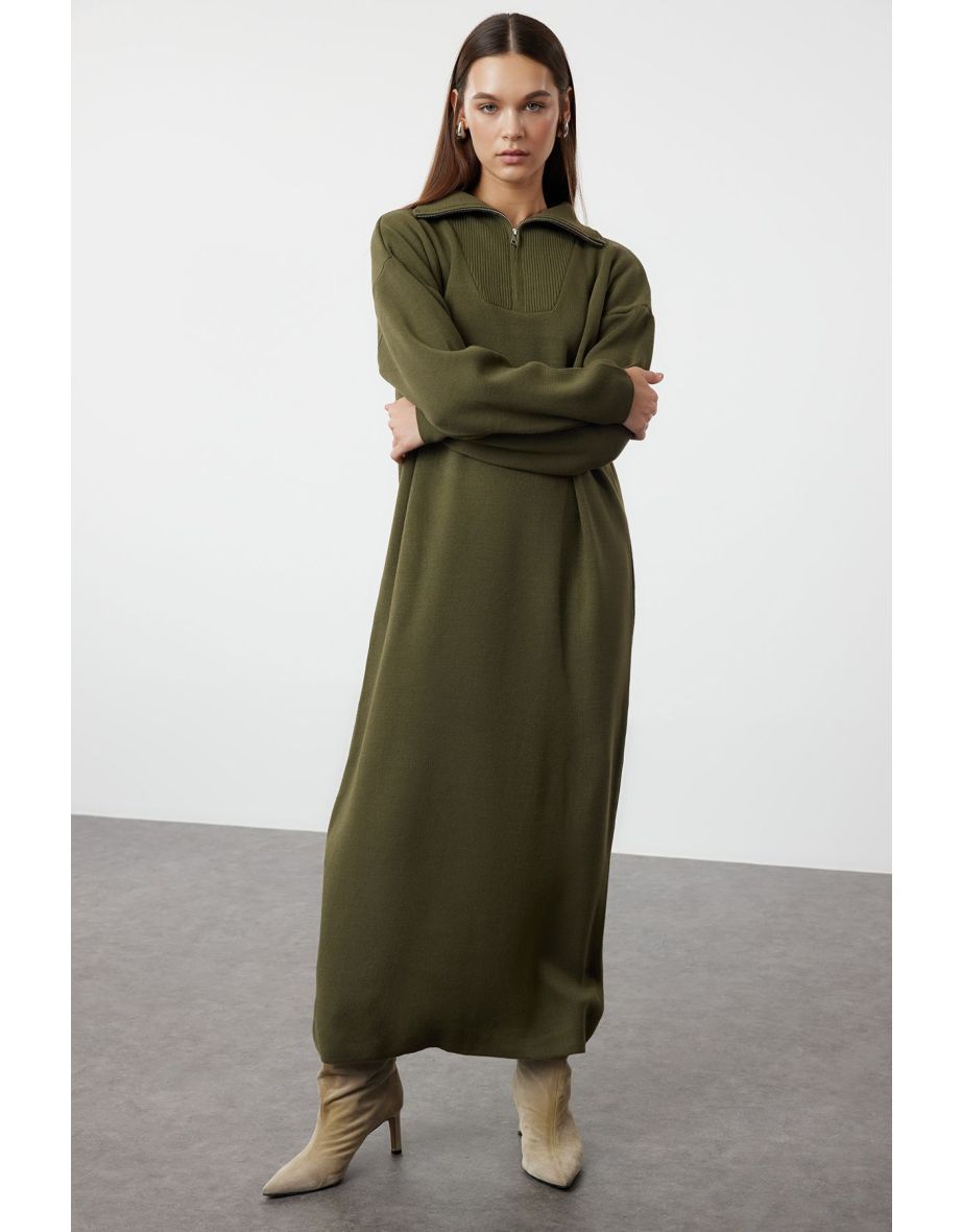 Green Collar Zipper Knitwear Dress