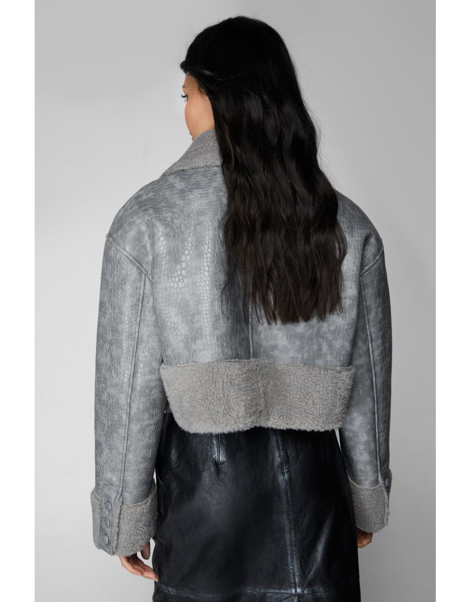 Premium Croc Embossed Faux Leather Aviator Jacket - 3