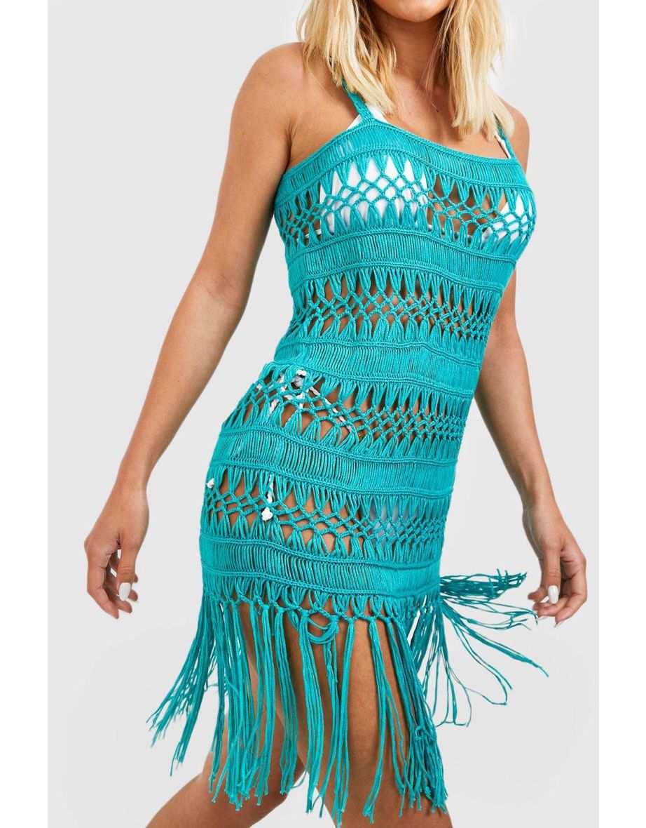 Crochet Fringed Strappy Beach Dress - aqua - 2