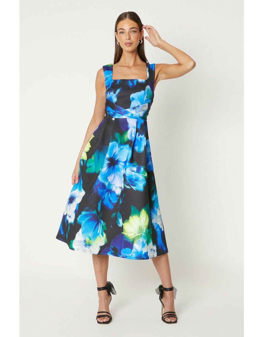 Scuba Pleated Bodice Full Skirt Midi Dress