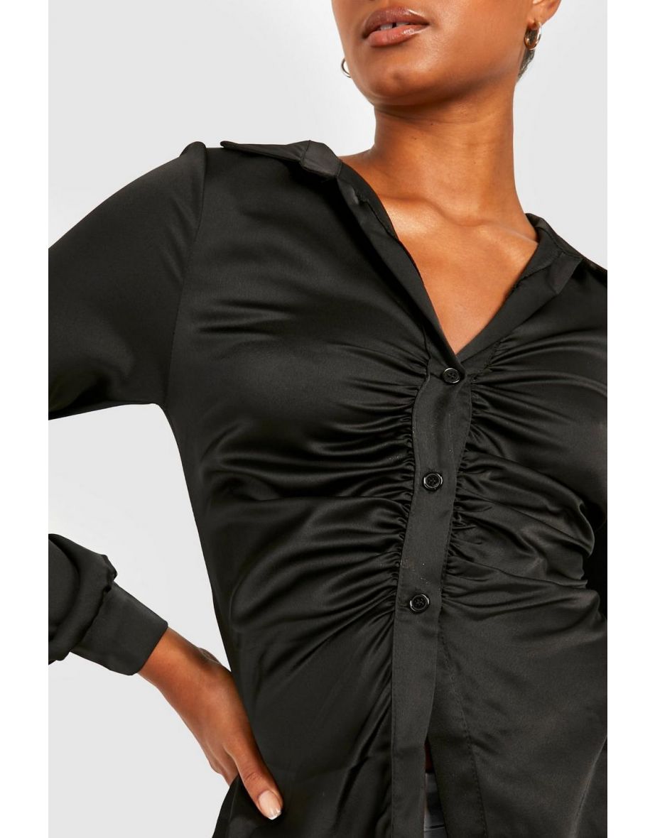 Tall Ruched Relaxed Satin Shirt - black - 3