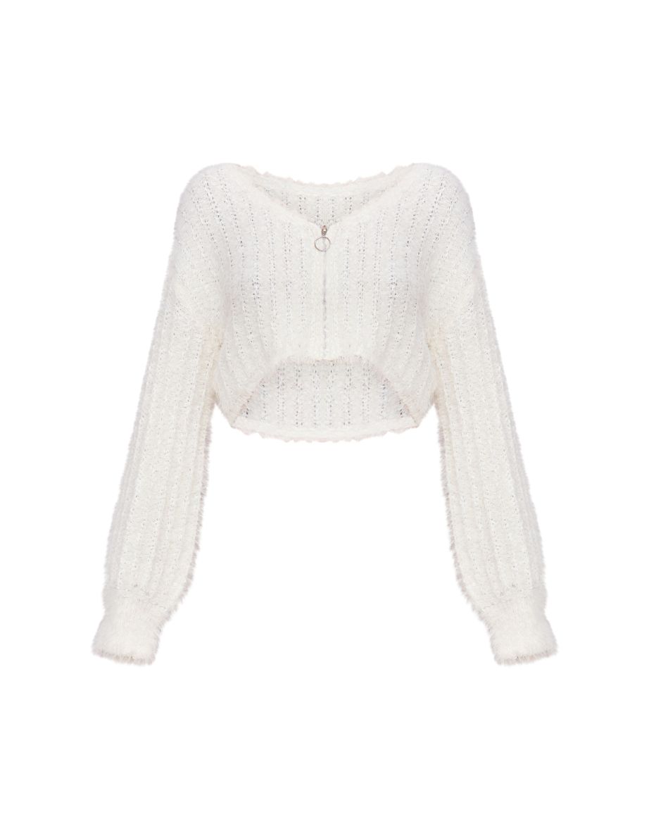 Cream Eyelash Ladder Knit Zip Up Cropped Cardigan - 4