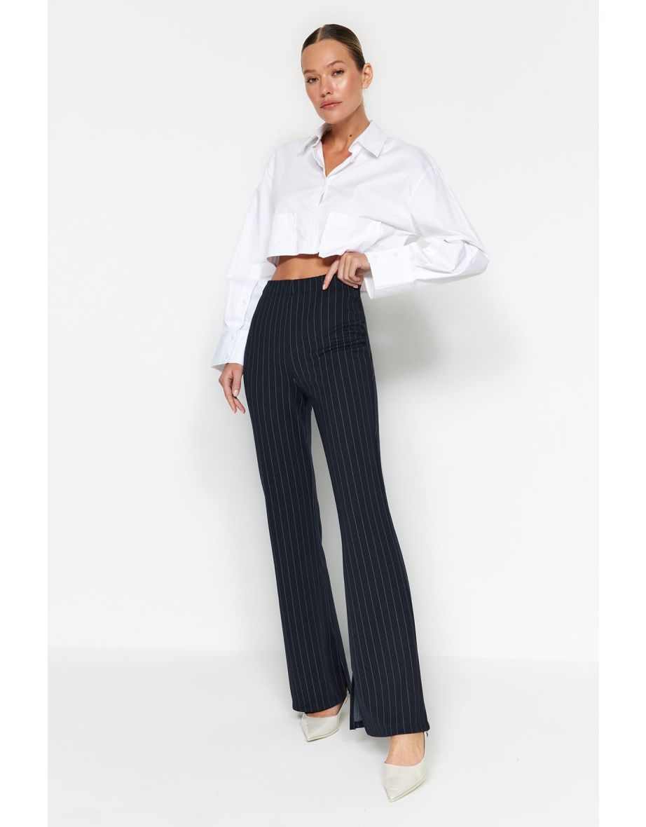 Navy Blue Smart With Slits Flare/Flare Spanish Leg High Waist Striped Knitted Leggings Pants
