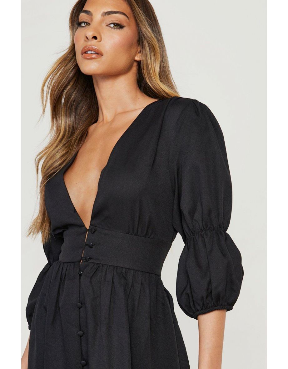 Ruched Sleeve Button Midi Dress - black - 3