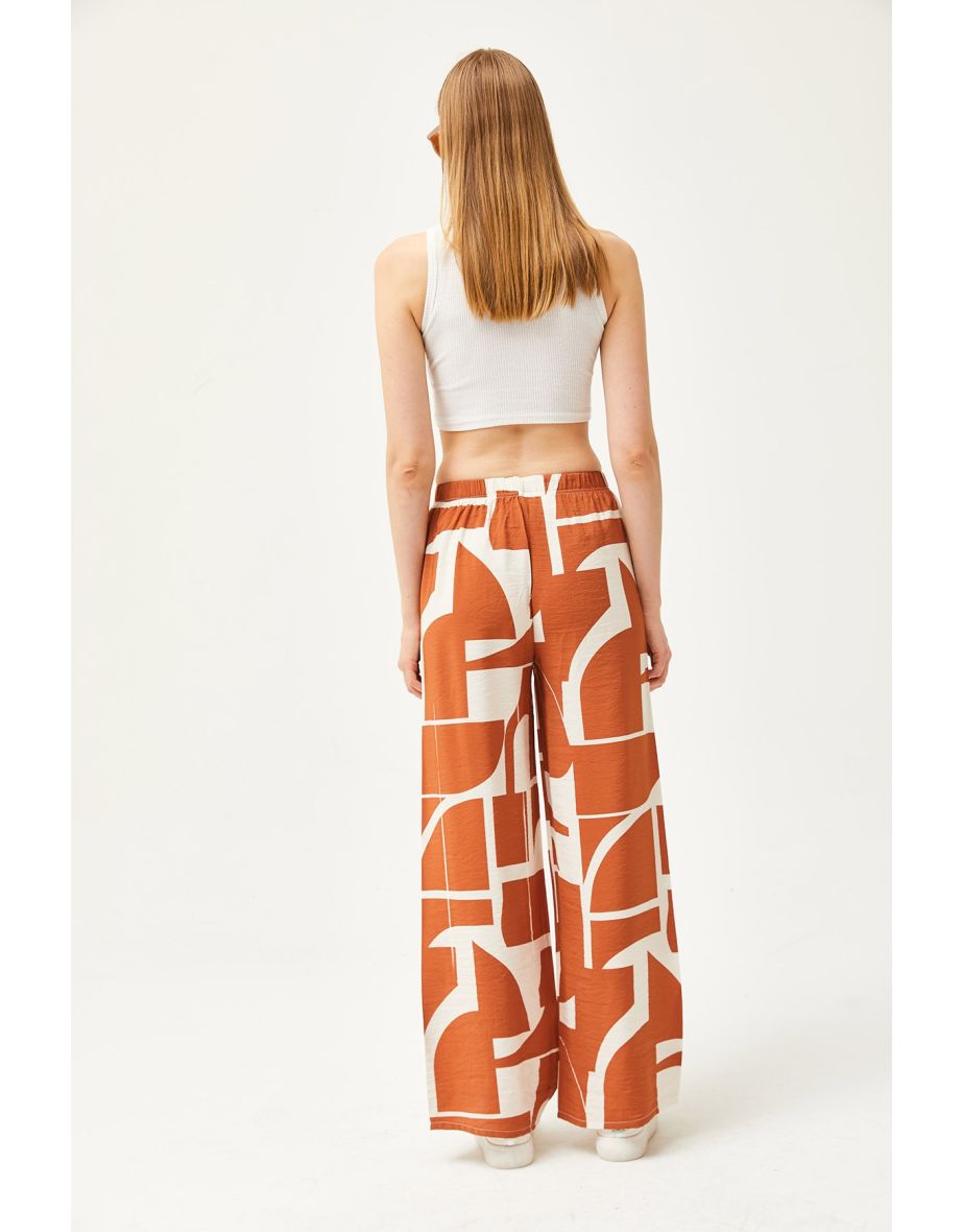 Women's Camel Geometric Patterned Palazzo Cupcake Trousers - 5