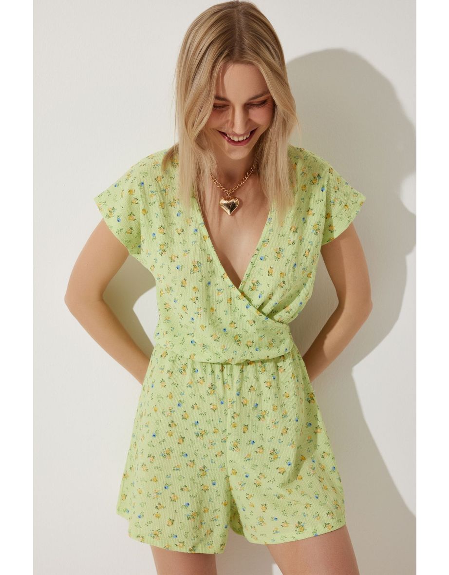 Women's Light Green Floral Mini Knitted Jumpsuit