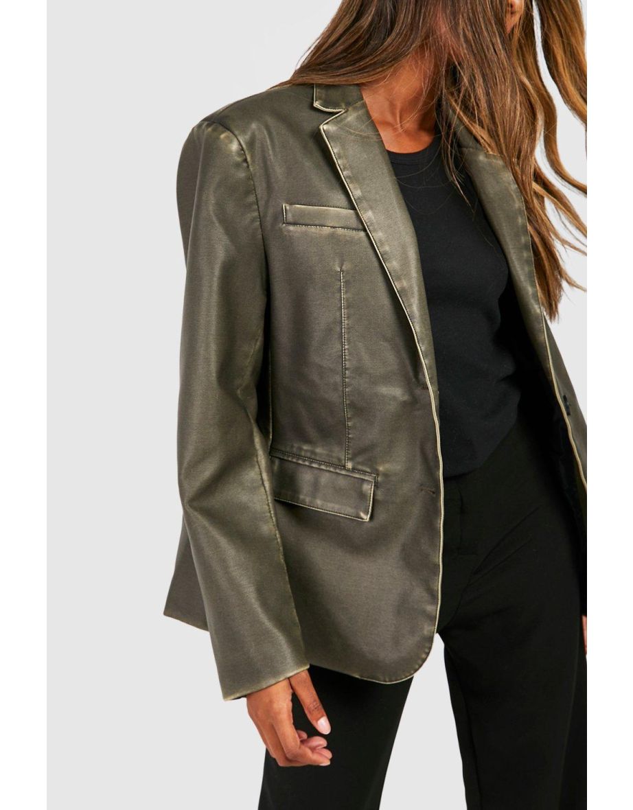 Oversized Vintage Look Faux Leather Blazer - black - 3