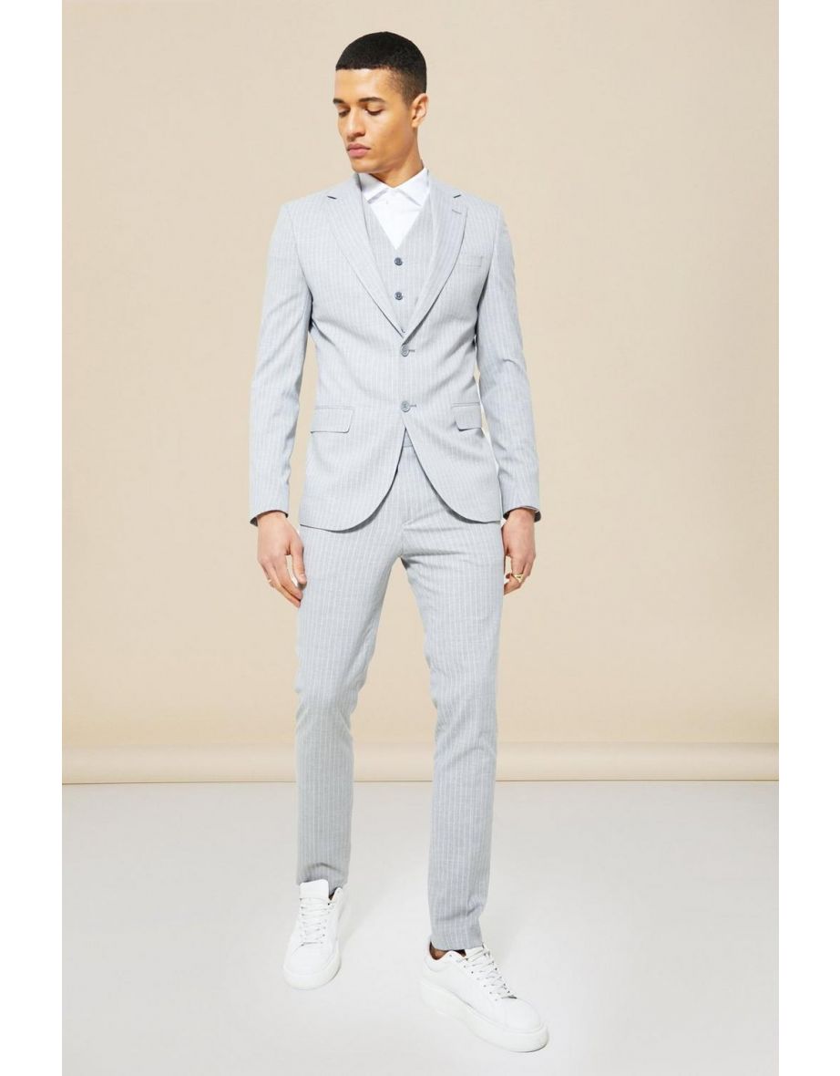 Skinny Single Breasted Pinstripe Suit Jacket - light grey - 2