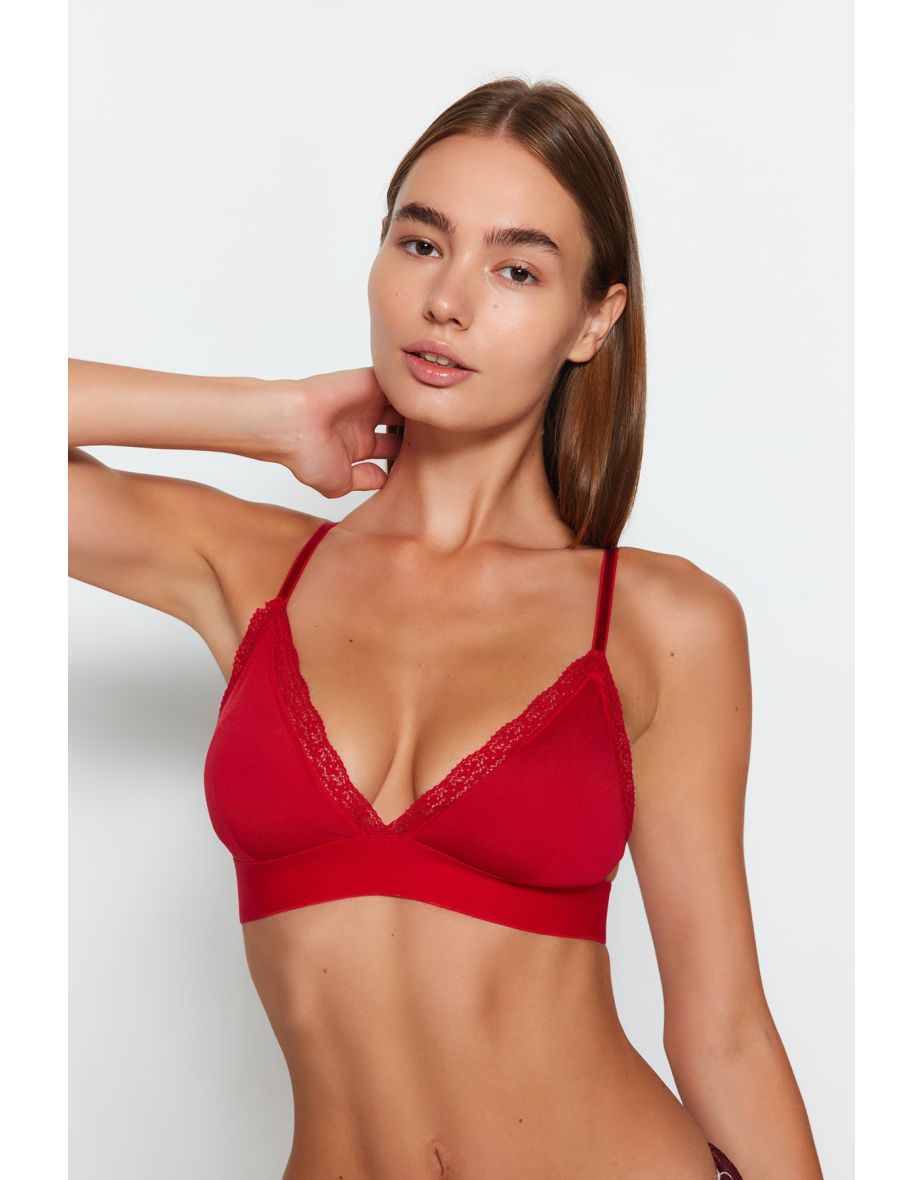 Red Polyamide Lace Detailed Rope Strap Covered Bralette Knitted Bra